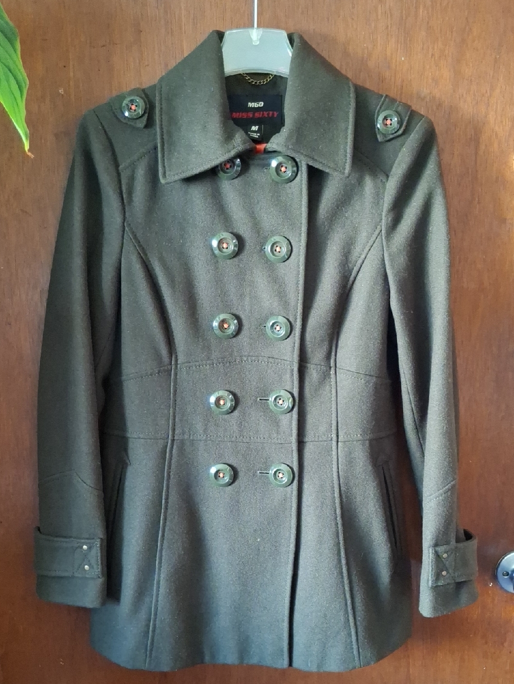 Vintage Miss Sixty Double Breasted Peacoat Olive Green Sz M wool Retro Y2k